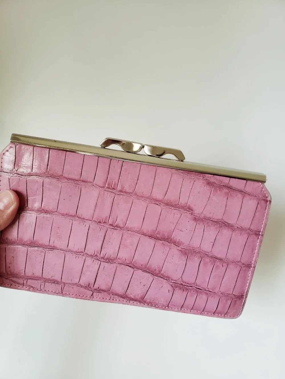 Vintage Abas Pink Croc Print Frame Clutch Leather Wallet